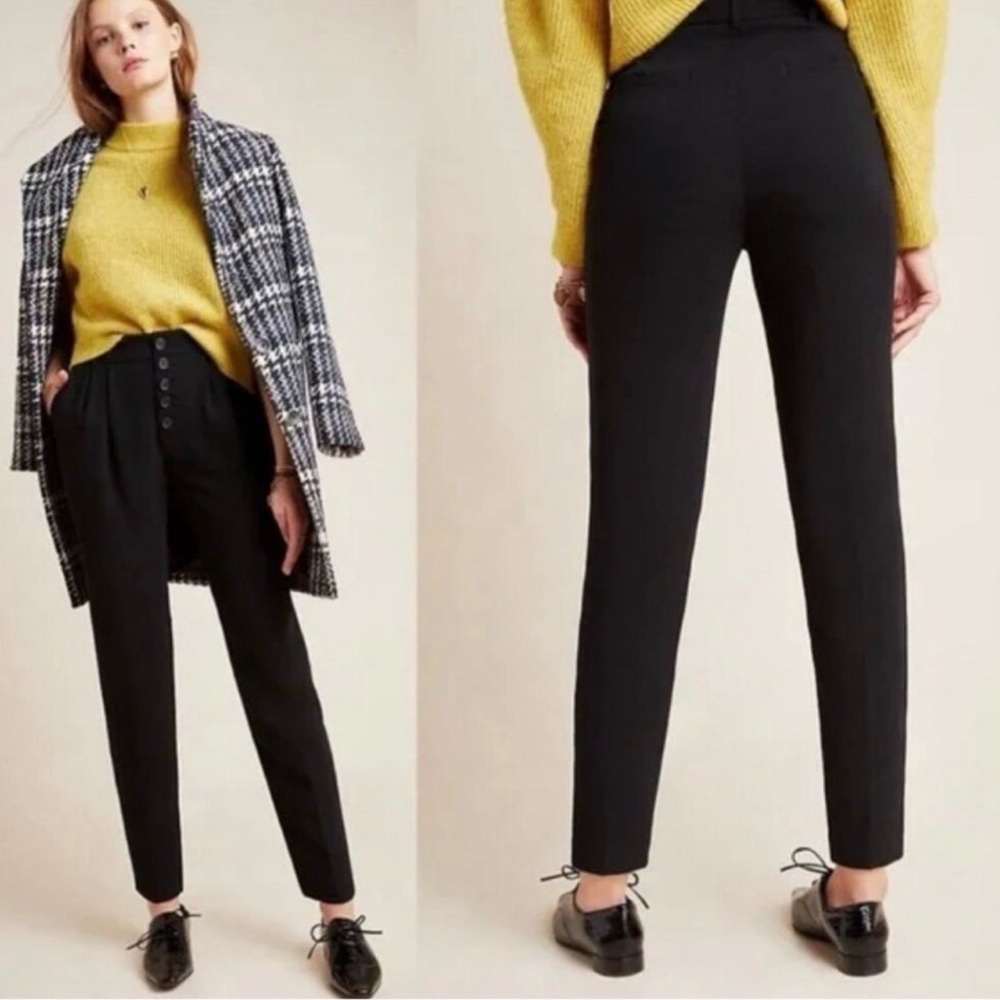 Anthropologie Sasha button Fly Tapered Trousers Black Button Front High Rise 4